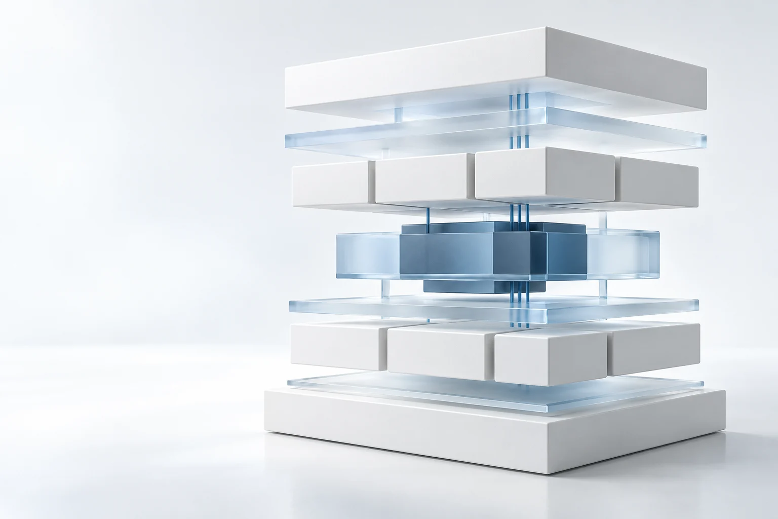 Abstrakte modulare Architektur aus hellen Schichten und transparenten Verbindungen